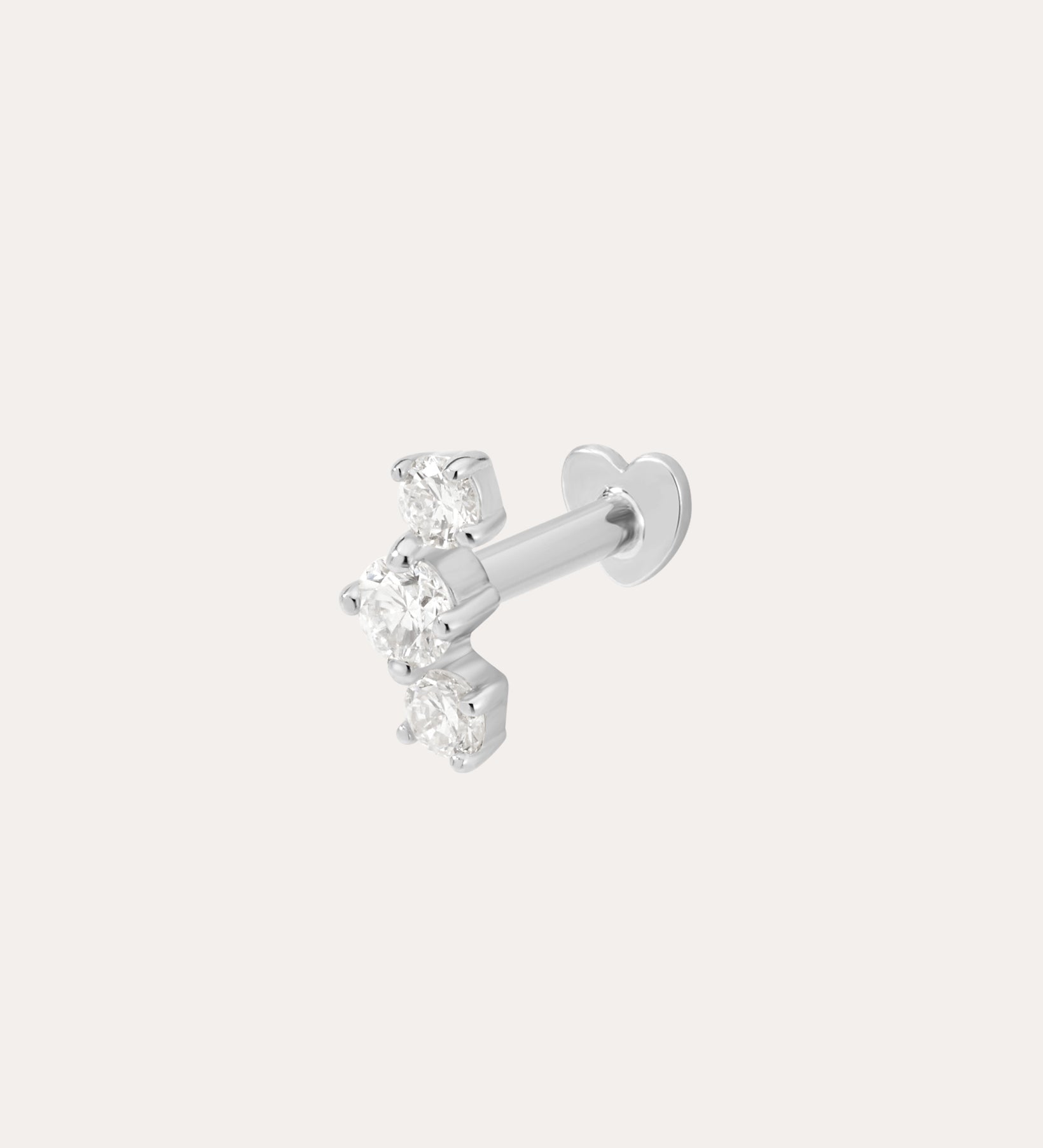 A 14K white gold curved trio flat back stud earring featuring lab-grown diamonds arranged in a small cluster, set against a plain white background.