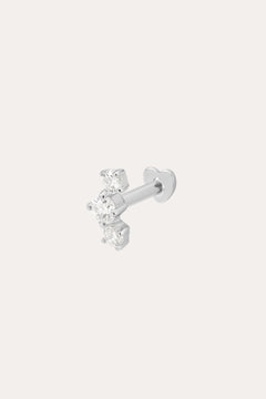 A 14K white gold curved trio flat back stud earring featuring lab-grown diamonds arranged in a small cluster, set against a plain white background.