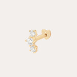 The 14K Solid Yellow Gold Lab-Grown Diamond Curved Trio Flat Back Stud features three round, lab-grown diamonds in a triangle on a 14K yellow gold post with a flat backing for comfort.
