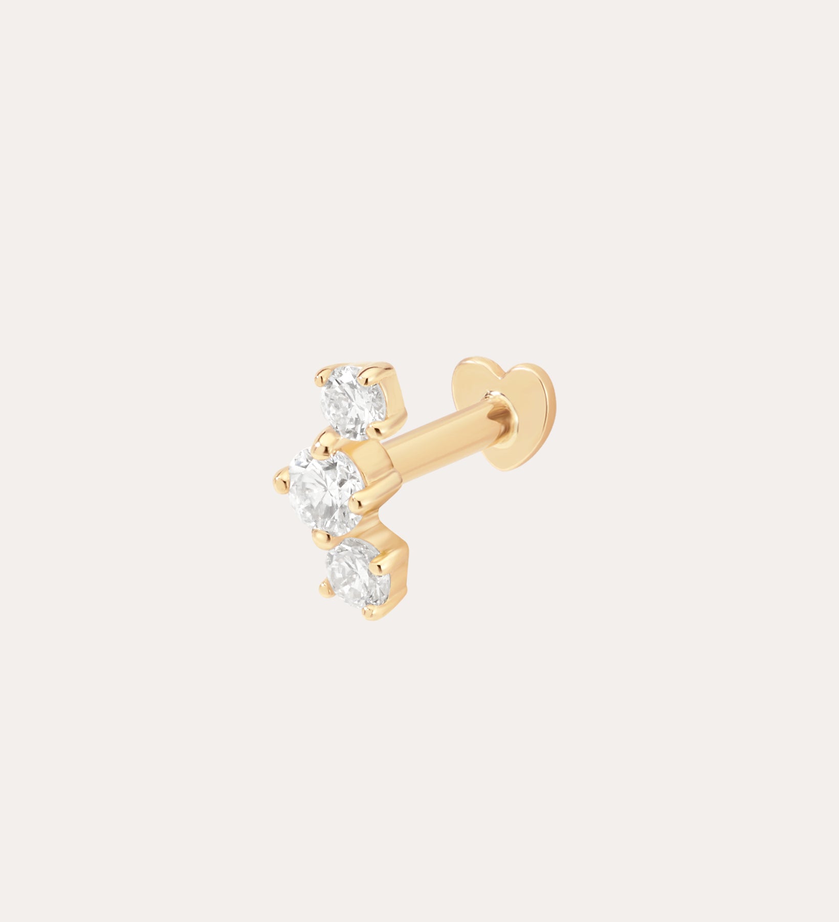 The 14K Solid Yellow Gold Lab-Grown Diamond Curved Trio Flat Back Stud features three round, lab-grown diamonds in a triangle on a 14K yellow gold post with a flat backing for comfort.