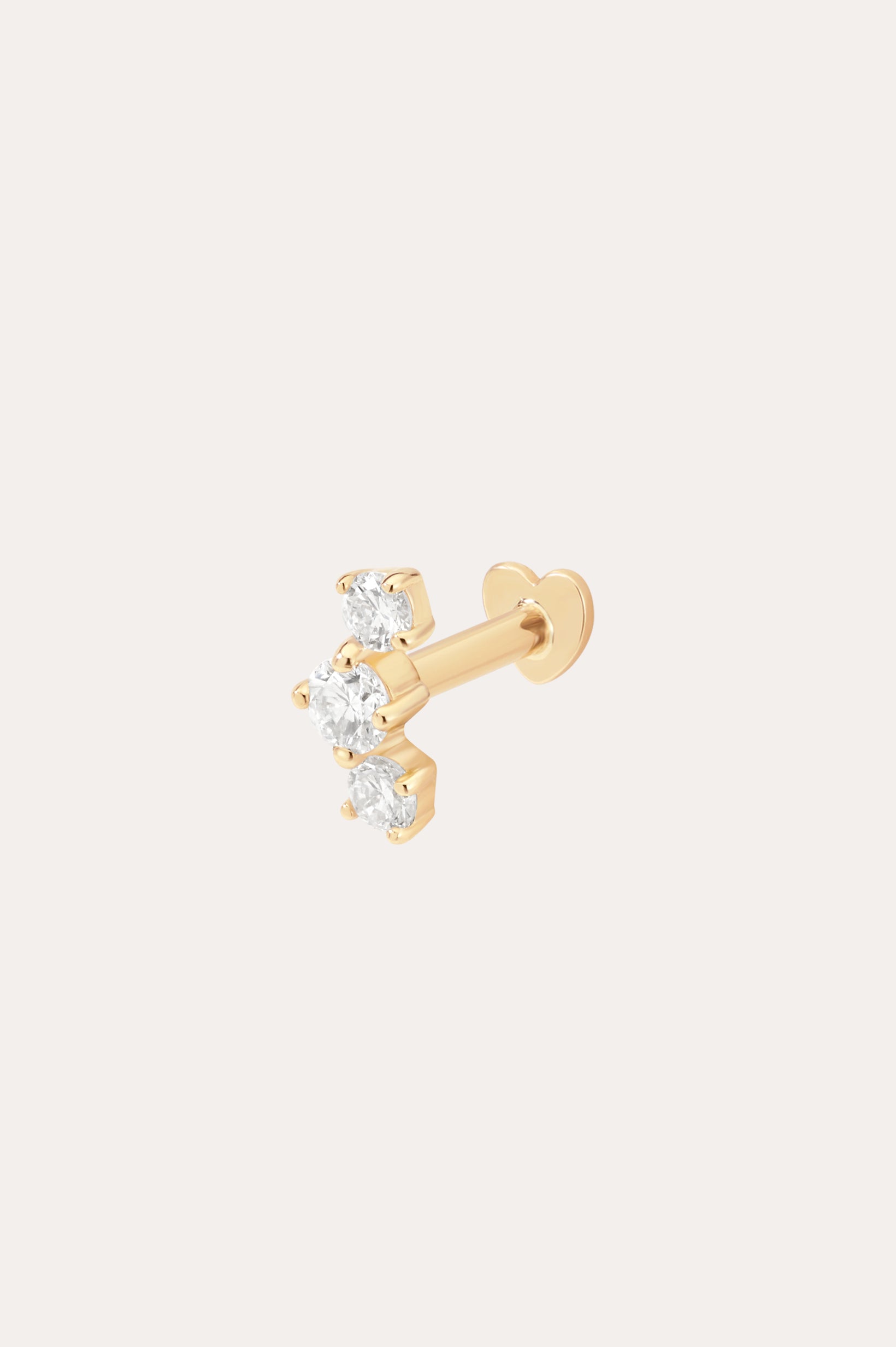 The 14K Solid Yellow Gold Lab-Grown Diamond Curved Trio Flat Back Stud features three round, lab-grown diamonds in a triangle on a 14K yellow gold post with a flat backing for comfort.