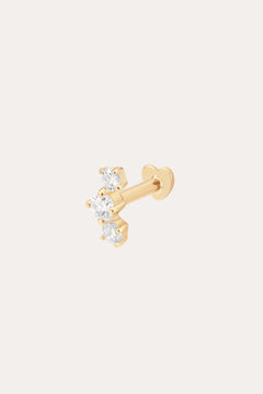The 14K Solid Yellow Gold Lab-Grown Diamond Curved Trio Flat Back Stud features three round, lab-grown diamonds in a triangle on a 14K yellow gold post with a flat backing for comfort.