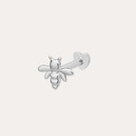 The 14K Solid White Gold Busy Bee Flat Back Stud in 14K white gold features intricate wings and body, shown on a simple light background—an elegant choice for piercing jewelry.