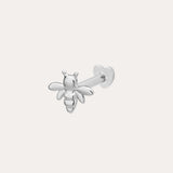 The 14K Solid White Gold Busy Bee Flat Back Stud in 14K white gold features intricate wings and body, shown on a simple light background—an elegant choice for piercing jewelry.