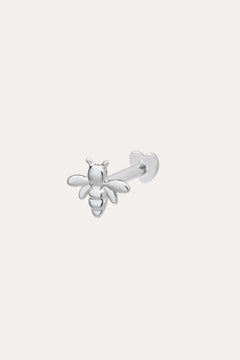 The 14K Solid White Gold Busy Bee Flat Back Stud in 14K white gold features intricate wings and body, shown on a simple light background—an elegant choice for piercing jewelry.