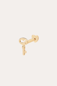 The 14K Solid Yellow Gold Key Flat Back Stud features a heart-shaped bow and is shown in 14K yellow gold against a simple, light background.