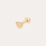 The 14K Solid Yellow Gold Heart Flat Back Stud features a heart-shaped front with matching backing, crafted from solid gold and displayed on a simple light background—ideal for those who love elegant body jewelry.