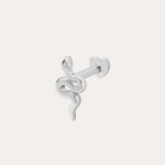 The 14K Solid White Gold Snake Flat Back Stud is a striking coiled snake earring, perfect for piercings and shown on a plain white background.