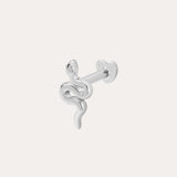 The 14K Solid White Gold Snake Flat Back Stud is a striking coiled snake earring, perfect for piercings and shown on a plain white background.