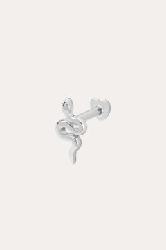 The 14K Solid White Gold Snake Flat Back Stud is a striking coiled snake earring, perfect for piercings and shown on a plain white background.