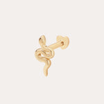 The 14K Solid Yellow Gold Snake Flat Back Stud features a small, coiled serpent design with a heart-shaped flat back, shown against a plain light background.