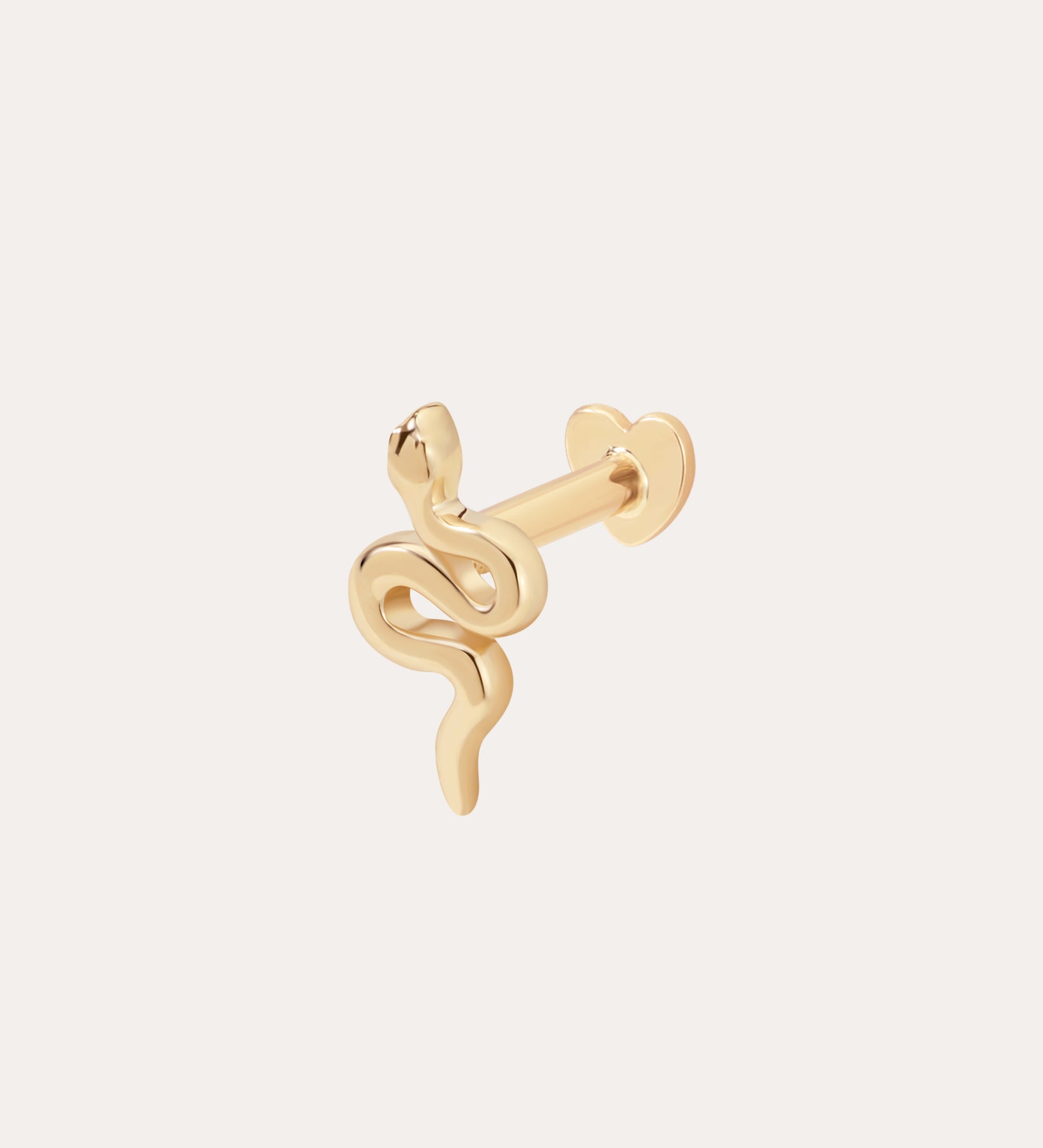 The 14K Solid Yellow Gold Snake Flat Back Stud features a small, coiled serpent design with a heart-shaped flat back, shown against a plain light background.