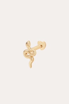 The 14K Solid Yellow Gold Snake Flat Back Stud features a small, coiled serpent design with a heart-shaped flat back, shown against a plain light background.