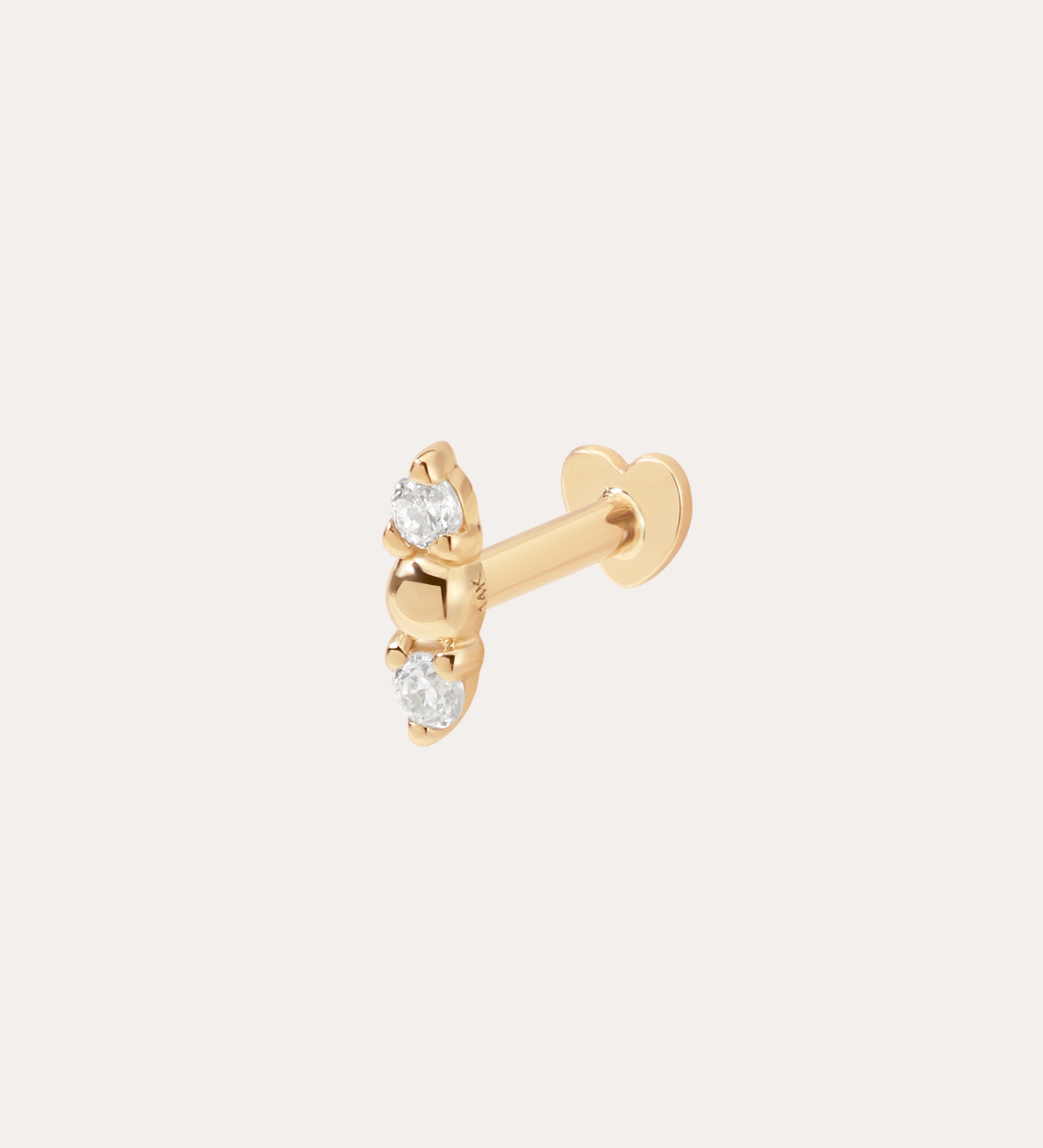 The 14K Solid Yellow Gold Greta Lab-grown Diamond Flat Back Stud features three round lab-grown diamonds in a triangular cluster on a flat, heart-shaped back.