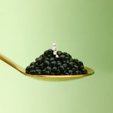 Gold spoon with black caviar on a light green background