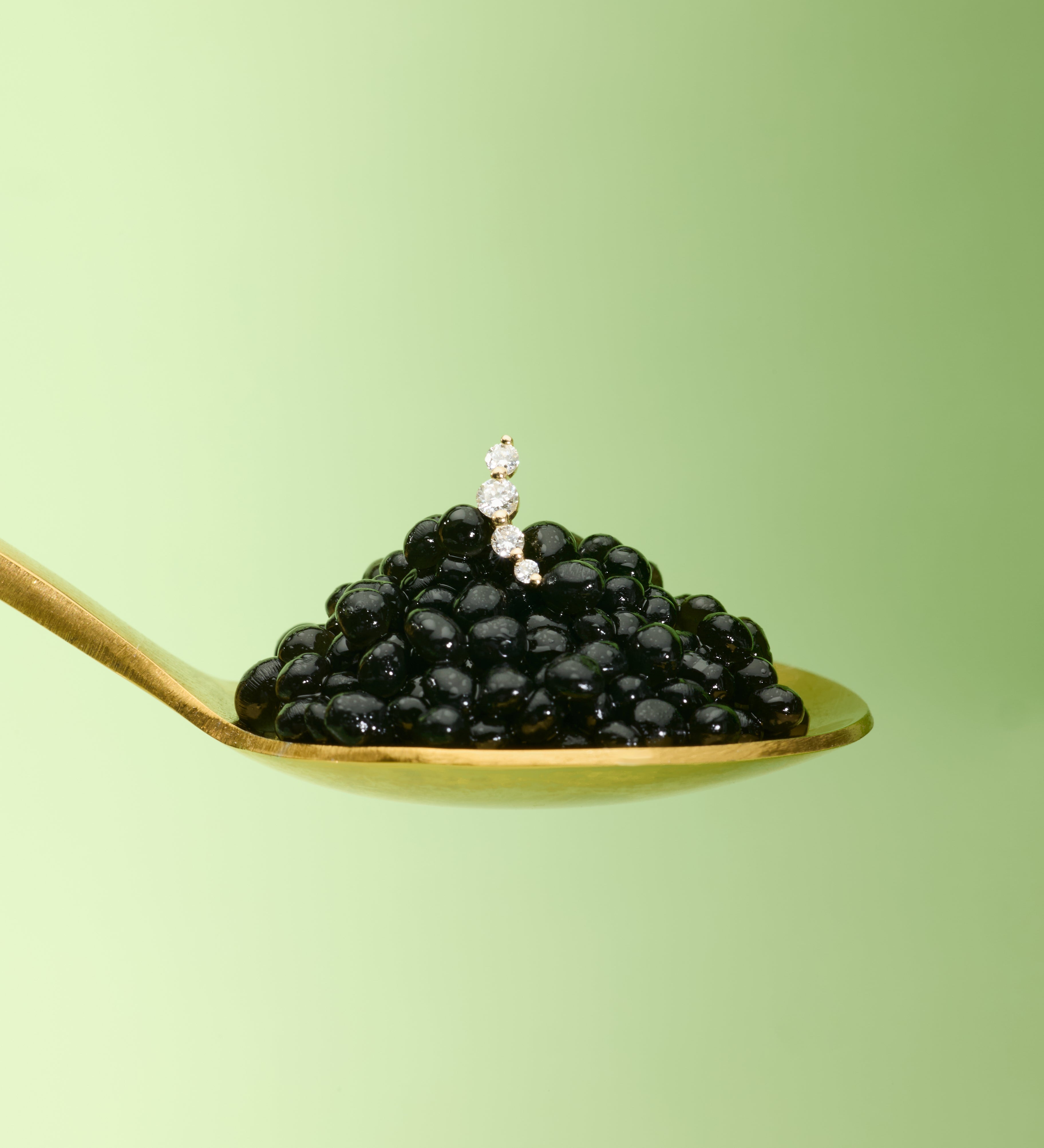 Gold spoon with black caviar on a light green background