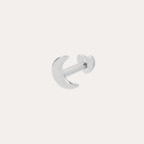 The 14K Solid White Gold Moon Flat Back Stud, in 14K white gold and crescent moon shape, is shown on a plain white background. Ideal as a stackable earring for a subtle celestial look.