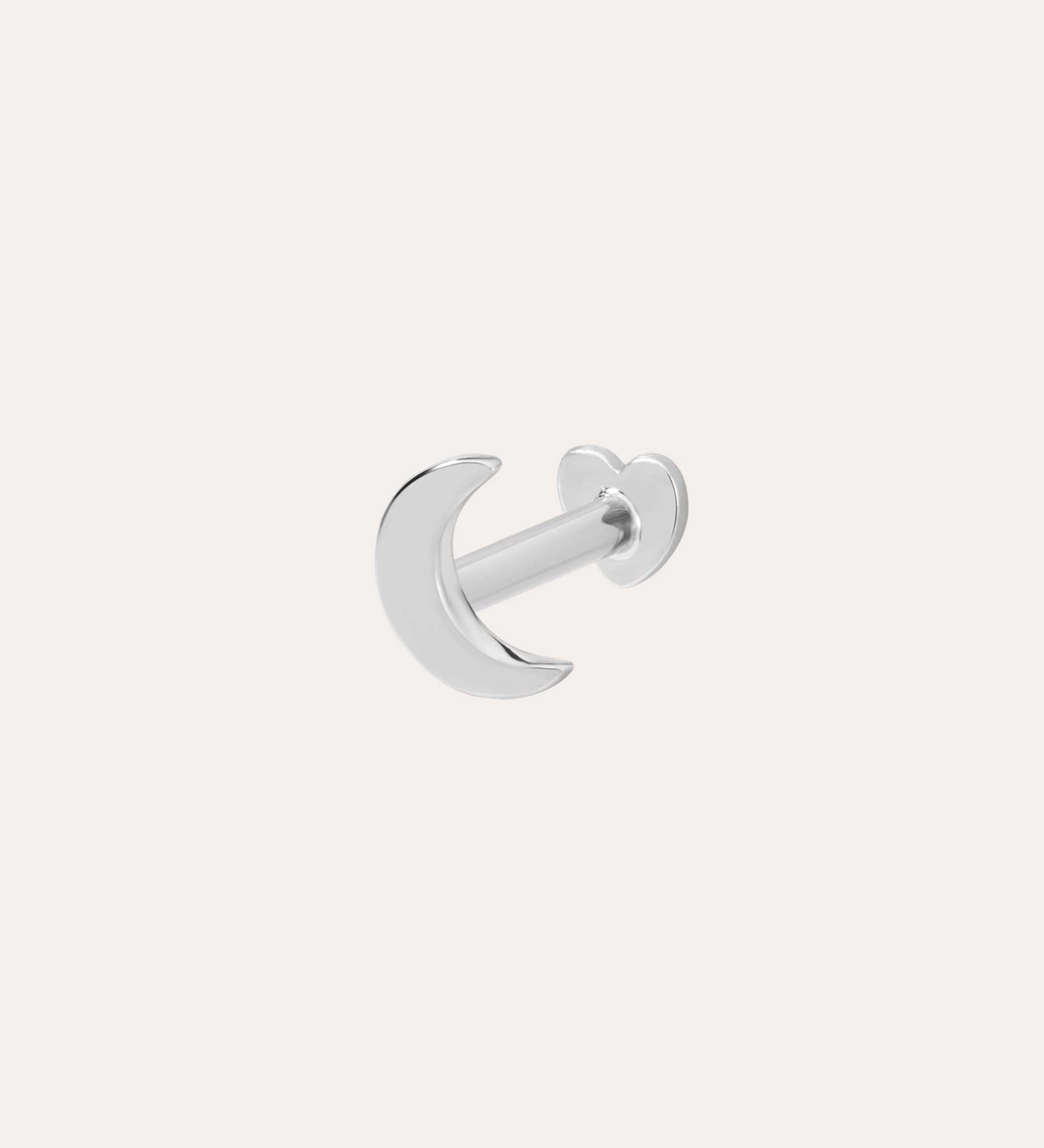 The 14K Solid White Gold Moon Flat Back Stud, in 14K white gold and crescent moon shape, is shown on a plain white background. Ideal as a stackable earring for a subtle celestial look.
