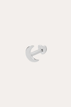 The 14K Solid White Gold Moon Flat Back Stud, in 14K white gold and crescent moon shape, is shown on a plain white background. Ideal as a stackable earring for a subtle celestial look.