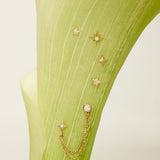 Gold star-shaped earrings with chains on a green fabric background