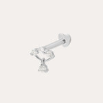 The 14K Solid White Gold Freda Lab-grown Diamond Flat Back Stud features three lab-grown diamonds in a row with a single dangling stone set in a triangle, shown against a plain white background.