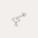 The 14K Solid White Gold Freda Lab-grown Diamond Flat Back Stud features three lab-grown diamonds in a row with a single dangling stone set in a triangle, shown against a plain white background.