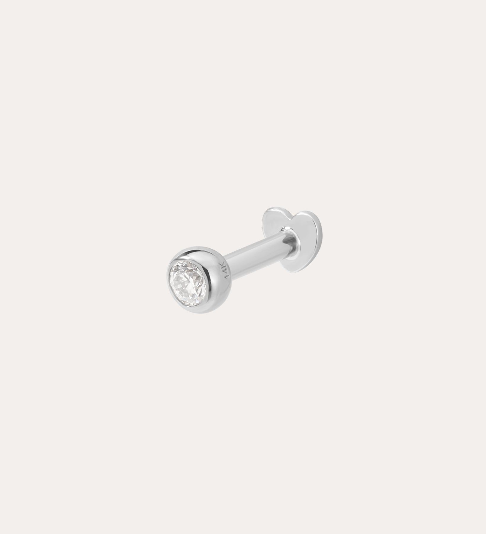 The 14K Solid White Gold Bezel Set Lab-grown Diamond Flat Back Stud features a round, clear lab-grown diamond in a bezel setting, shown against a plain white background.