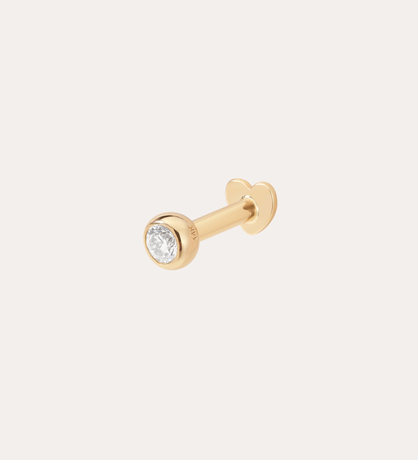The 14K Solid Yellow Gold Bezel Set Lab-grown Diamond Flat Back Stud showcases a round lab-grown diamond in a bezel setting, displayed against a plain light background.