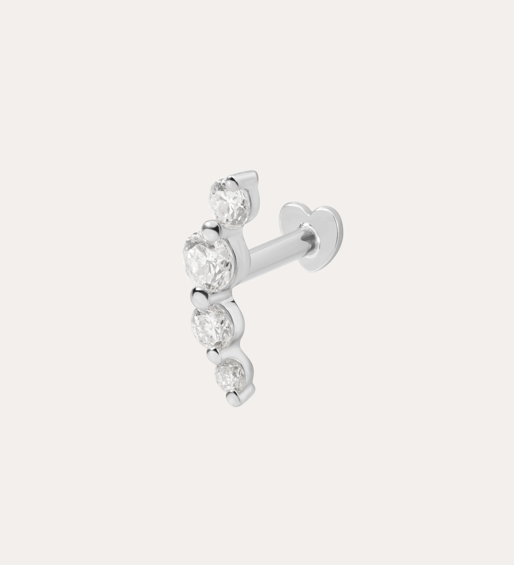 A 14K solid white gold lab-grown diamond curved flat back stud, featuring five graduated round clear diamonds in a curved line, shown on a plain white background.