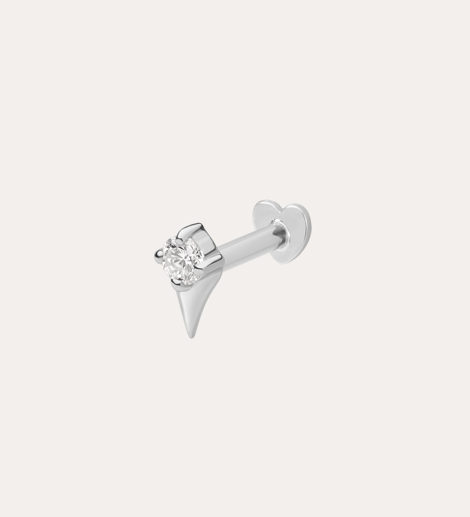 The 14K Solid White Gold Freya Lab-grown Diamond Flat Back Stud features a pointed spike design with a clear round lab-grown diamond, shown against a plain white background.