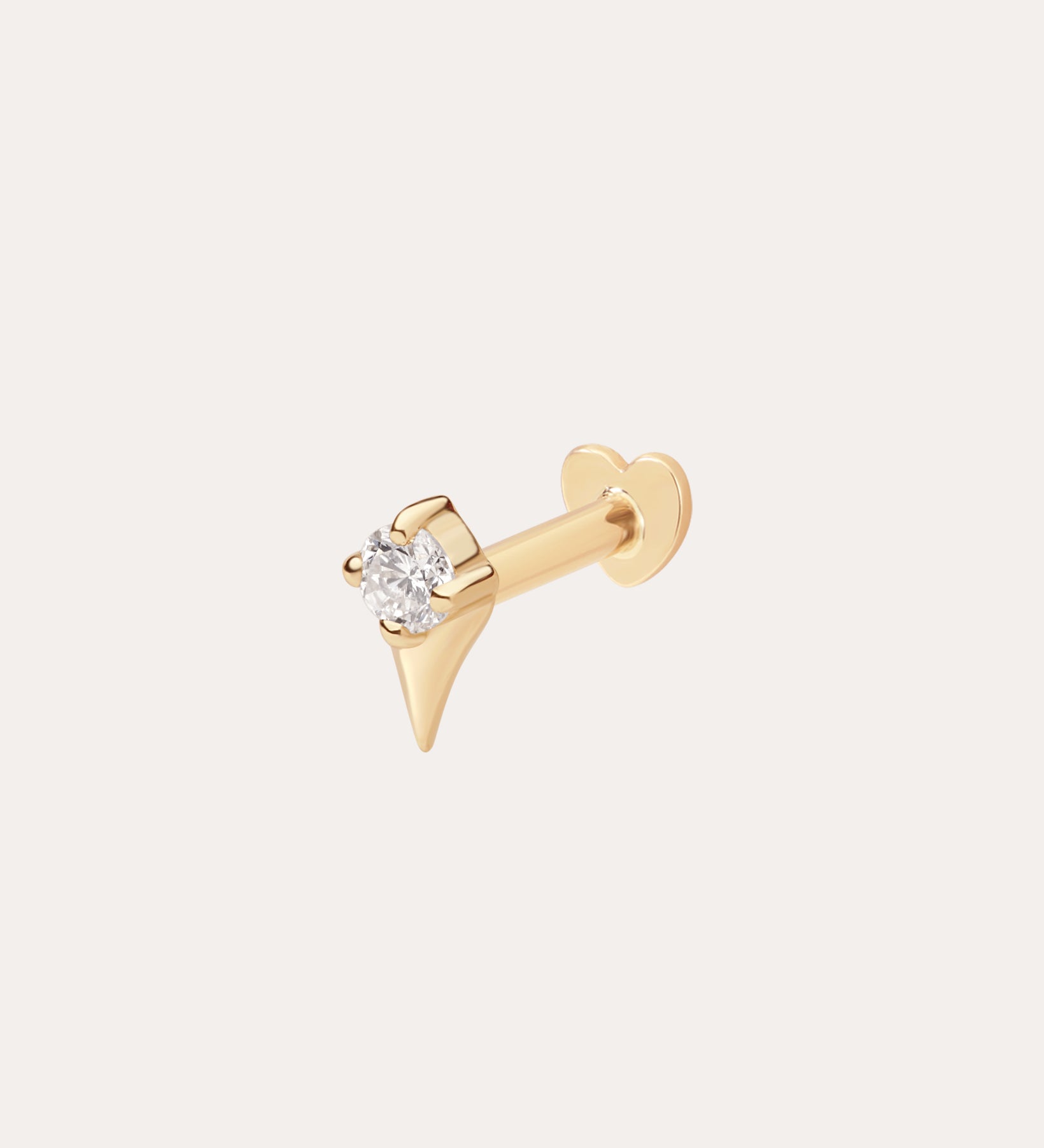 The 14K Solid Yellow Gold Freya Lab-grown Diamond Flat Back Stud features a small, pointed triangular design with a round lab-grown diamond set at the top, shown against a plain light background.