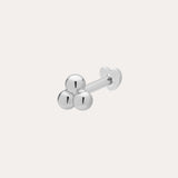 The 14K Solid White Gold Trinity Flat Back Stud features three small round beads in 14K white gold, with a straight post and flat backing for secure, stylish body jewelry.