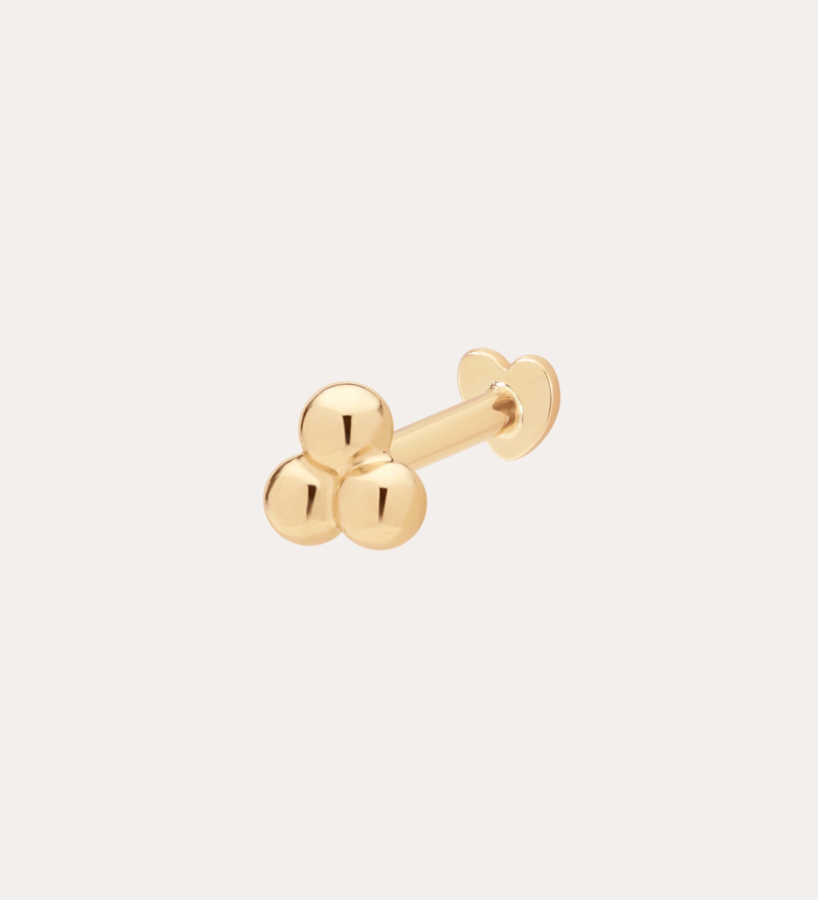 The 14K Solid Yellow Gold Trinity Flat Back Stud features three polished gold spheres clustered together on a straight post with a flat back, crafted in 14K yellow gold and displayed against a plain light background.