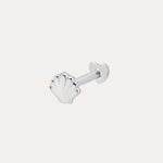 14K Solid White Gold Shell Flat Back Stud in a seashell shape, ideal for helix piercings, features a straight post and heart-shaped backing, shown against a plain white background.