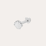 14K Solid White Gold Shell Flat Back Stud in a seashell shape, ideal for helix piercings, features a straight post and heart-shaped backing, shown against a plain white background.