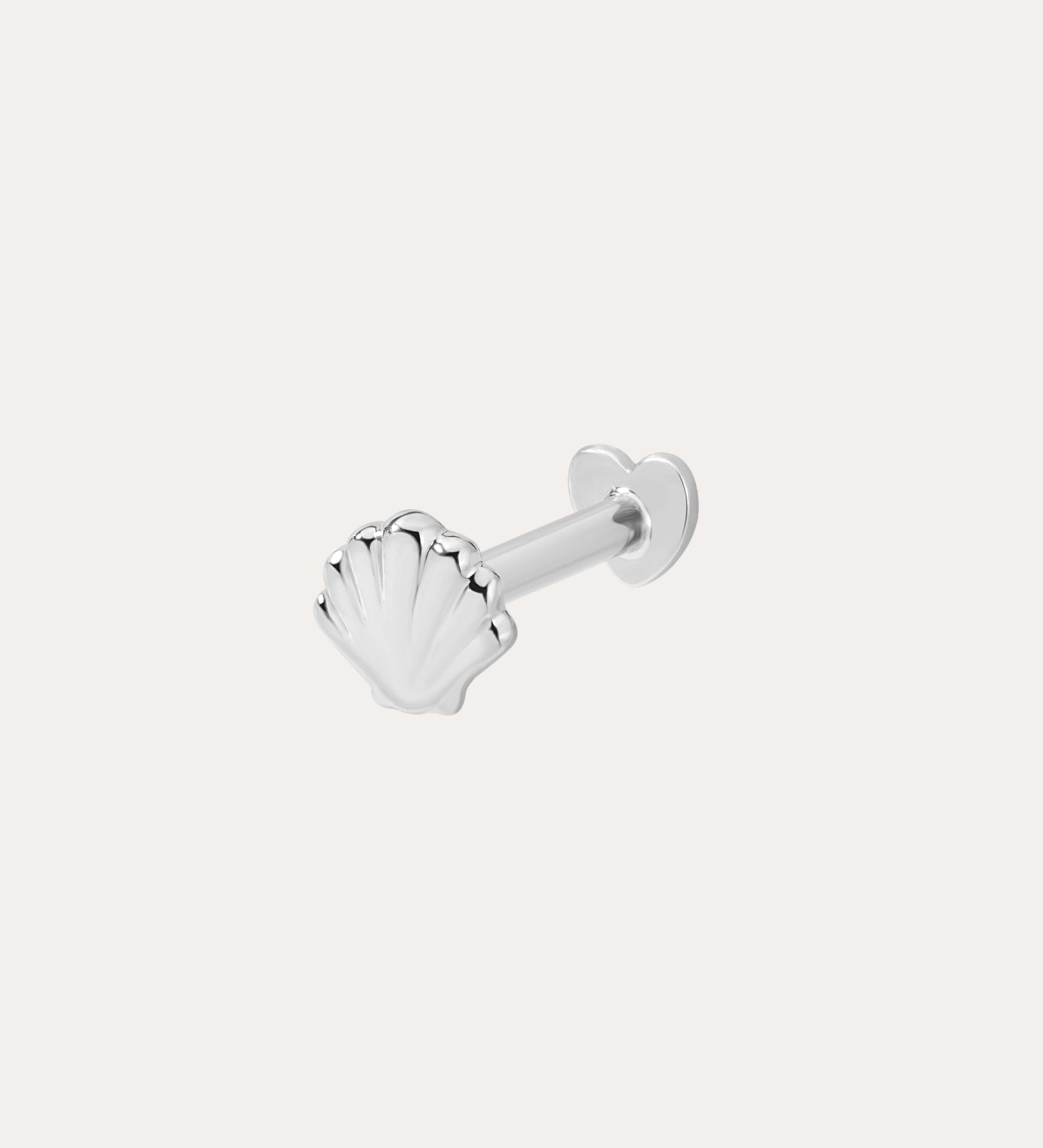 14K Solid White Gold Shell Flat Back Stud in a seashell shape, ideal for helix piercings, features a straight post and heart-shaped backing, shown against a plain white background.
