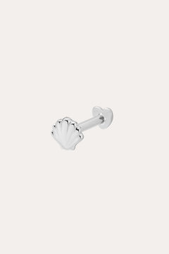 14K Solid White Gold Shell Flat Back Stud in a seashell shape, ideal for helix piercings, features a straight post and heart-shaped backing, shown against a plain white background.