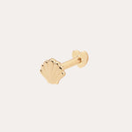 The 14K Solid Yellow Gold Shell Flat Back Stud is a small earring in 14K yellow gold, featuring a seashell-shaped front and flat back closure, shown on a plain white background.