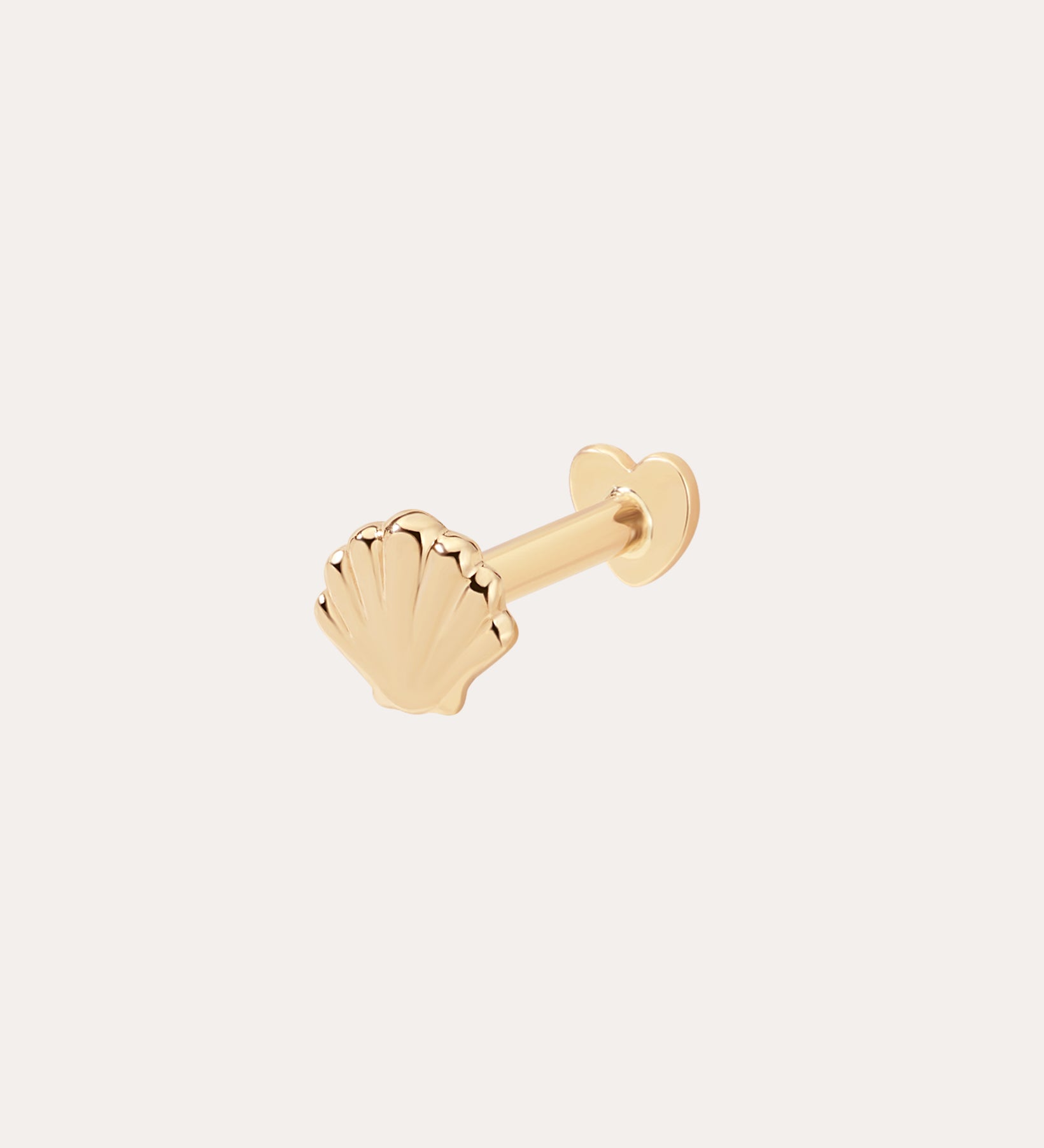 The 14K Solid Yellow Gold Shell Flat Back Stud is a small earring in 14K yellow gold, featuring a seashell-shaped front and flat back closure, shown on a plain white background.