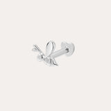 The 14K Solid White Gold Bumble Bee Flat Back Stud (Right) shines in 14K white gold, showcasing intricate wings and body details, set against a plain light background.