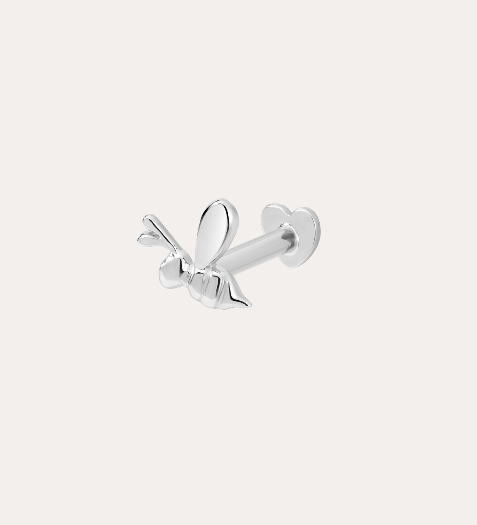 The 14K Solid White Gold Bumble Bee Flat Back Stud (Right) shines in 14K white gold, showcasing intricate wings and body details, set against a plain light background.