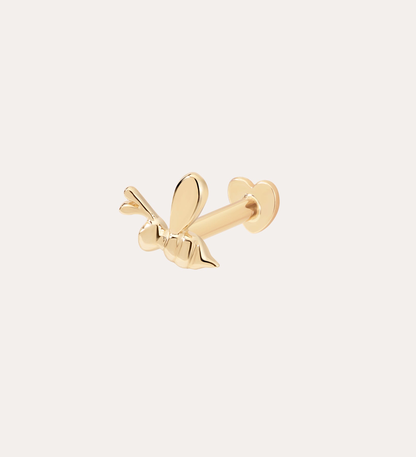 The 14K Solid Yellow Gold Bumble Bee Flat Back Stud (Right) features detailed wings and body in 14K yellow gold, displayed against a light background—ideal as elegant body jewellery or a chic flat back earring.