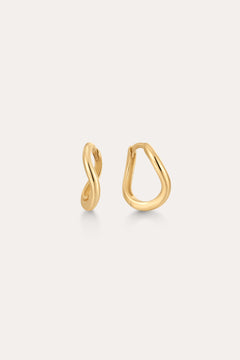 The 14K Recycled Solid Gold Twisted Huggie Earrings feature smooth, wavy, organic shapes and an asymmetrical design. These mini hoops are crafted from recycled gold and displayed on a plain light background.