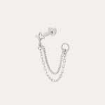 The 14K Solid White Gold Lab-grown Diamond Double Chain Flat Back Stud features a star stud, straight barbell, and two delicate chain loops with a small hoop, all in 14K white gold. Shown on a plain white background.