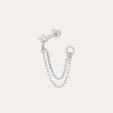 The 14K Solid White Gold Lab-grown Diamond Double Chain Flat Back Stud features a star stud, straight barbell, and two delicate chain loops with a small hoop, all in 14K white gold. Shown on a plain white background.
