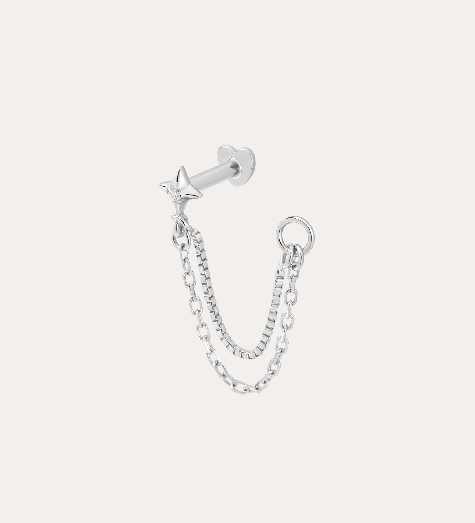 The 14K Solid White Gold Lab-grown Diamond Double Chain Flat Back Stud features a star stud, straight barbell, and two delicate chain loops with a small hoop, all in 14K white gold. Shown on a plain white background.