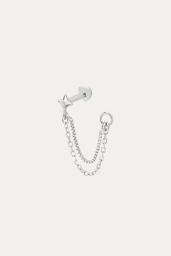The 14K Solid White Gold Lab-grown Diamond Double Chain Flat Back Stud features a star stud, straight barbell, and two delicate chain loops with a small hoop, all in 14K white gold. Shown on a plain white background.