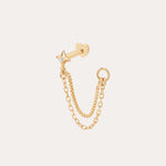 The 14K Solid Yellow Gold Lab-grown Diamond Double Chain Flat Back Stud features a small star design with a clear lab-grown diamond center and two gold chains for a double chain piercing effect.