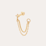 The 14K Solid Yellow Gold Lab-grown Diamond Double Chain Flat Back Stud features a small star design with a clear lab-grown diamond center and two gold chains for a double chain piercing effect.