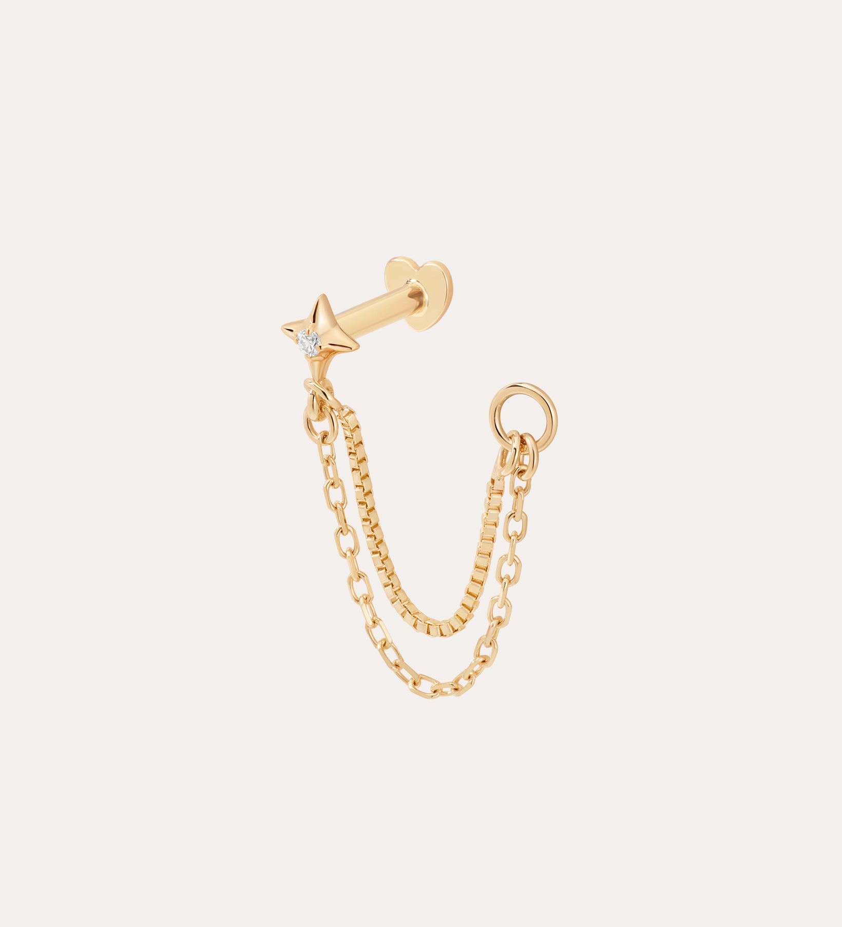 The 14K Solid Yellow Gold Lab-grown Diamond Double Chain Flat Back Stud features a small star design with a clear lab-grown diamond center and two gold chains for a double chain piercing effect.
